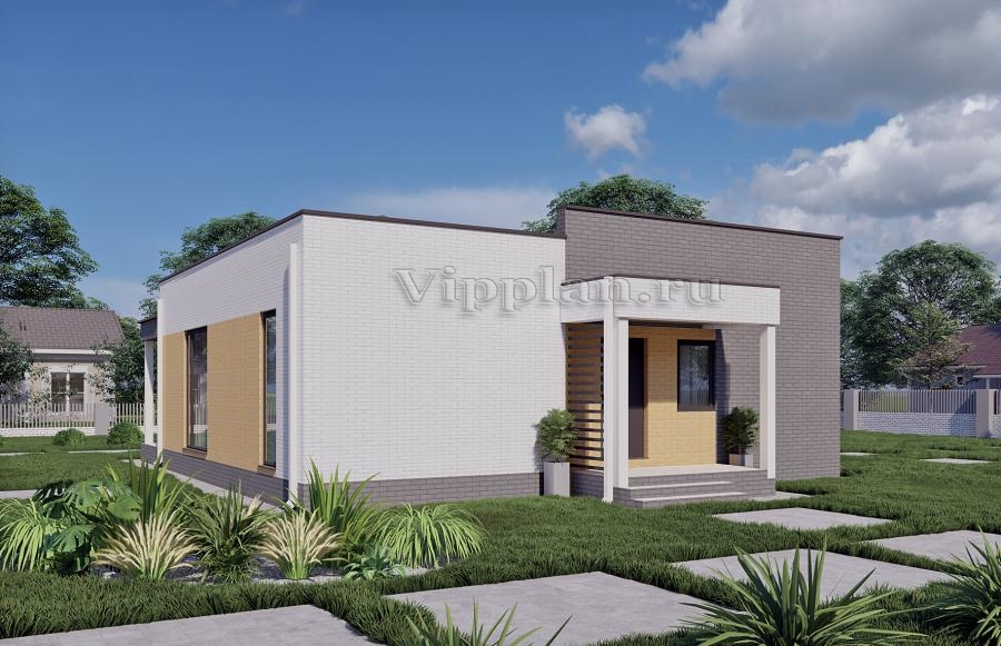 Одноэтажный дом с плоской крышей,двумя спальнями и отделкой термопанелями.